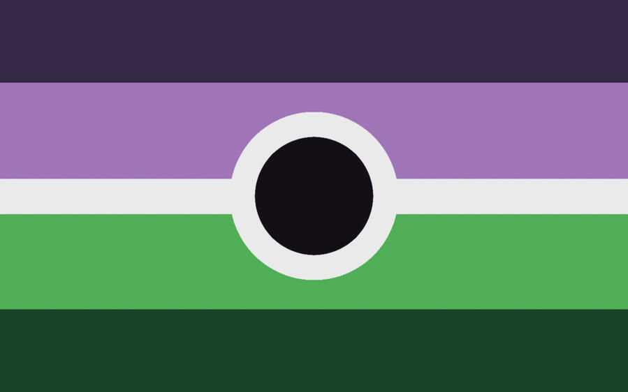 The Voidpunk flag, purple bordering the top, green bordering the bottom, a black circle in the center, lined with a white line that extends to the left and right borders.