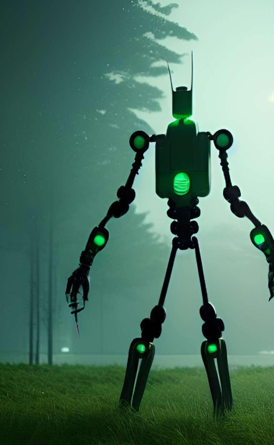 A tall green robot in a foggy field