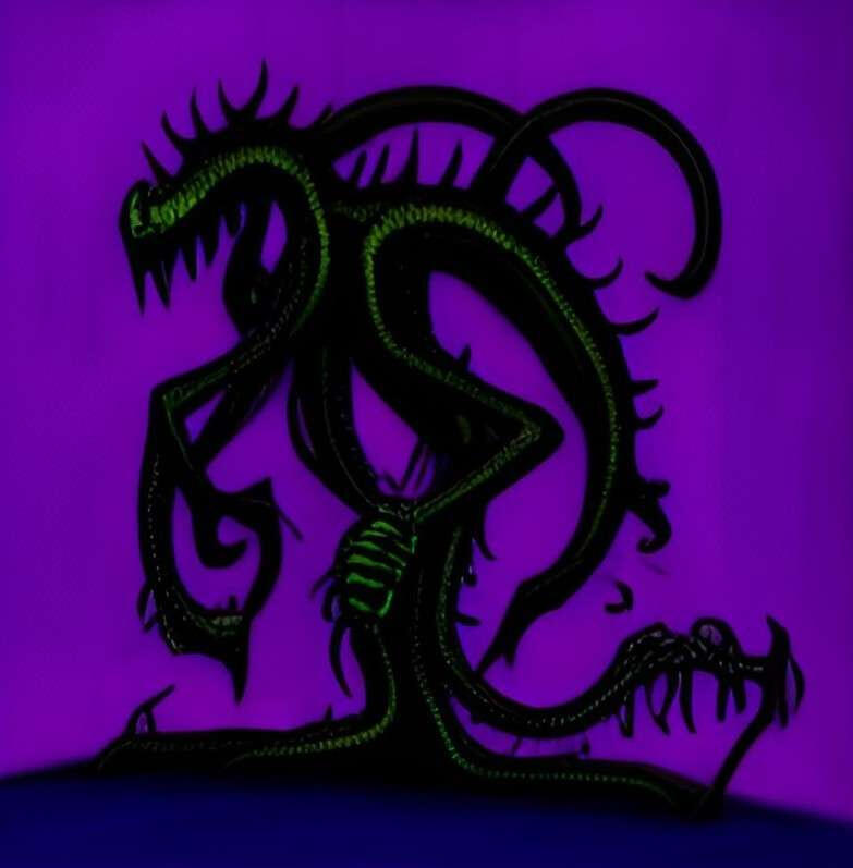 A strange tendril green creature over a purple background
